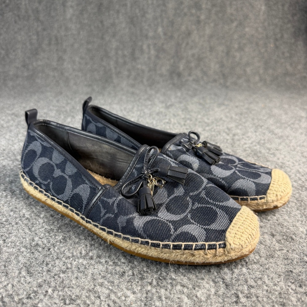 Coach FG3482 Signature Monogram Denim Espadrille Flats Navy Blue Womens 8.5B